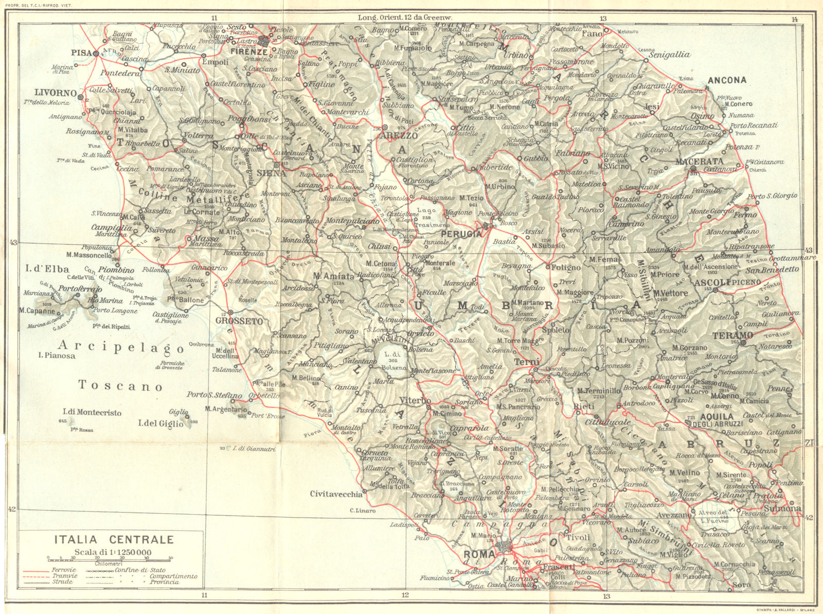 ITALY. Italia Centrale 1926 old vintage map plan chart